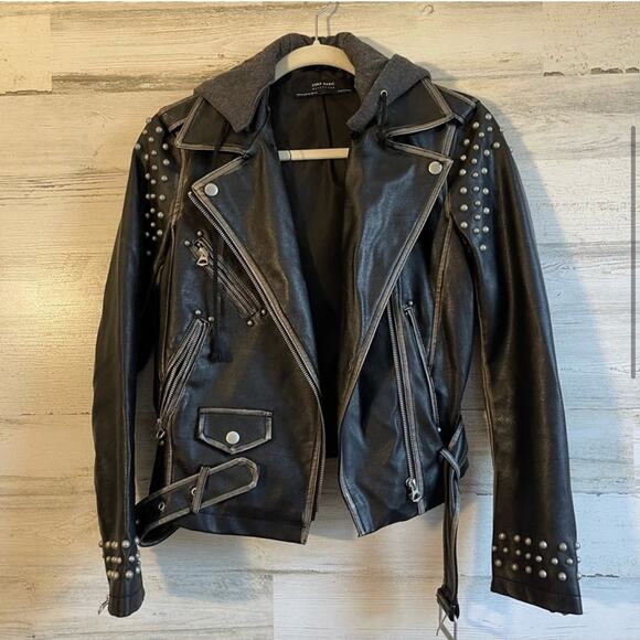 Zara Moto Distressed Faux Leather Studded Jacket with Sweatshirt Hood XS Black - Picture 4 of 16